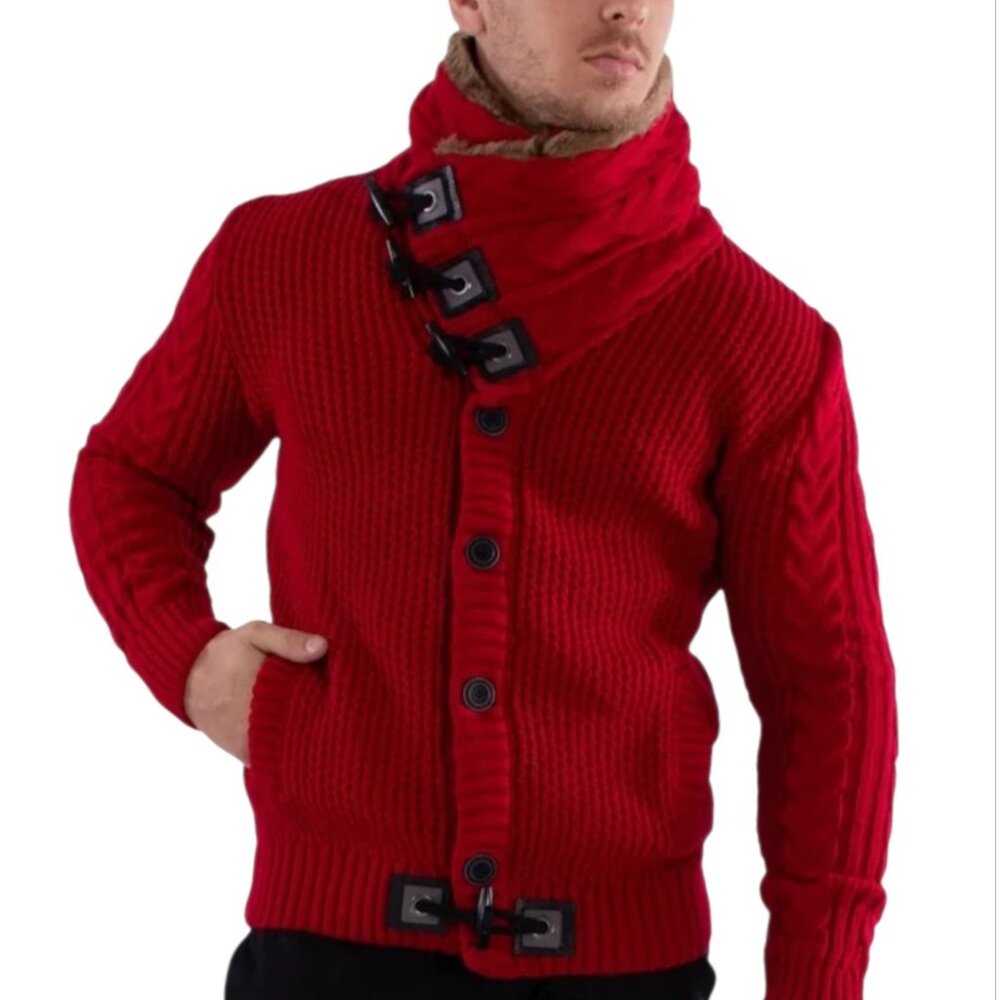 LCR /89 Black EDITION Men's Sweater Chunky Button Closure  Red Turtle Neck XXL